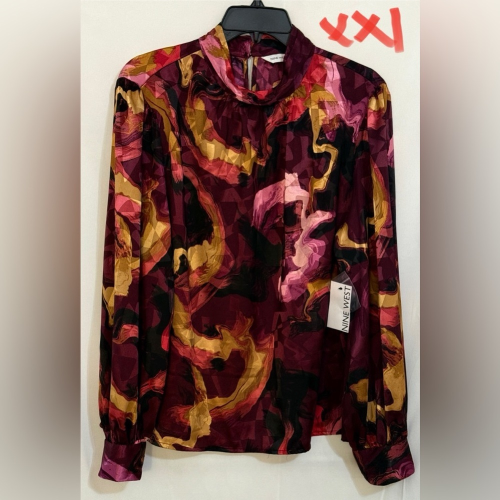 Nine West Women's Artistic Red and Gold Blouse